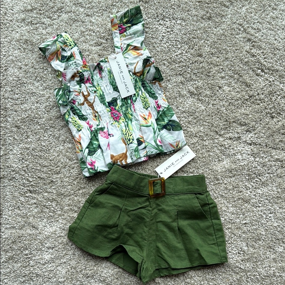 Janie and Jack Tropical Print Top with Olive Shorts